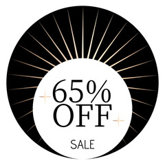 65% off sale written on a white circle with two stars and, in the background, sunshine and a black circle.