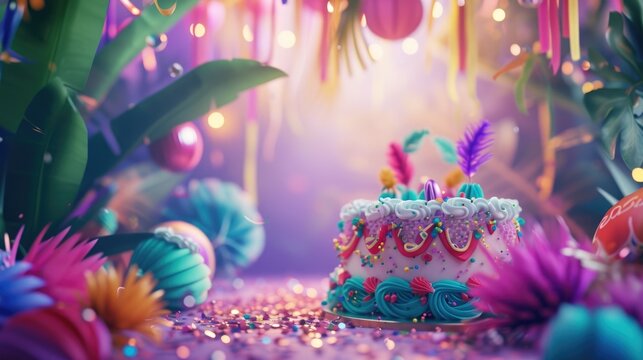 The image captures a festive atmosphere, featuring a beautifully decorated cake with blue and pink icing and ornamental toppings, surrounded by lush foliage and twinkling lights. The background is ado
