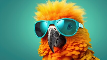 Creative animal concept. Parrot bird in sunglass shade glasses isolated on solid pastel background, commercial, editorial advertisement, surreal surrealism