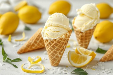 Obraz na płótnie Canvas Refreshing ice cream in waffle cones with lemon flavor