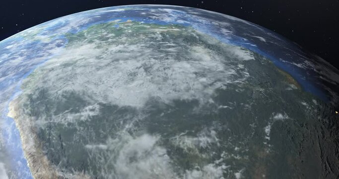 Flight in low Earth orbit over South America during nightfall. A view from space of the Amazon and Amazon forests, as well as Colombia, Venezuela and other. 3D animation 4K. Contains NASA images.