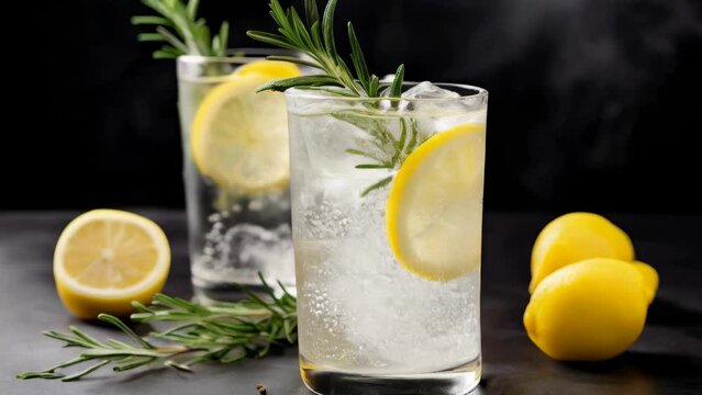 Two glasses filled with ice and lemons, perfect for refreshing drink on hot summer day