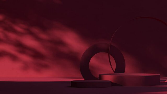 3D render animation red platform with red   backdrop and tree shadow