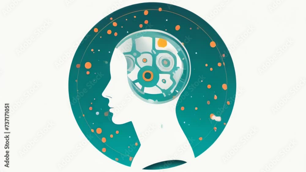 Poster man's head with machine inside, representing integration of technology and human mind. suitable for 
