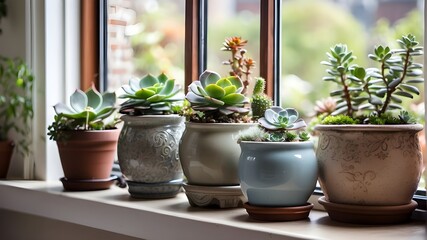 pots on a window, A beautiful succulent garden in decorative pots adorning a window sill - obrazy, fototapety, plakaty