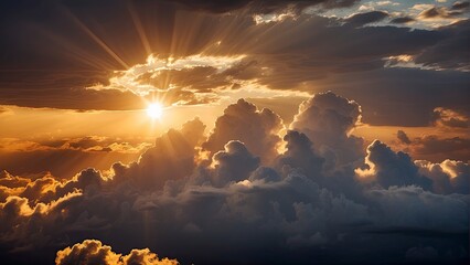 sun rays through the clouds, sunset, golden hour, blue sky with clouds, clouds in the sky,...