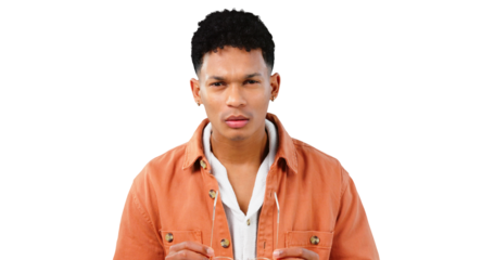 Portrait, man and confused with thinking in doubt, mindset and problem on isolated, transparent png background. Brazil, question and decision with face of person in concentration and choice