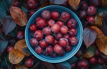 many plums in a blue bowl on a table full of leaves