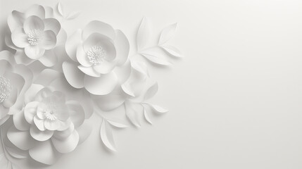 abstract painting depicting three-dimensional white paper flowers with large petals. copy space