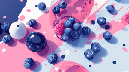 a bowl of blueberries and raspberries on a pink, blue and white background with drops of water.