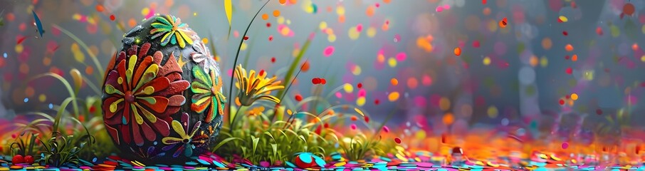 a colorful easter egg with flowers and grass, in the style of dark and moody still lifes, confetti-like dots, large-scale murals, bold and colorful, spectacular backdrops