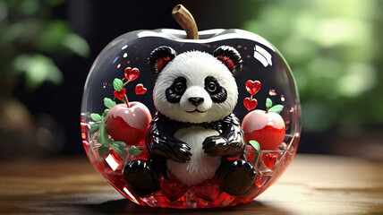 Panda Love: Crystal Apple 3D Art in 8K Ultra HD