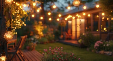Fototapeta na wymiar a garden yard lit up by string lights during dusk