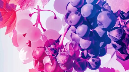 grapes sitting on top of a table next to leaves and a red and white balloon.