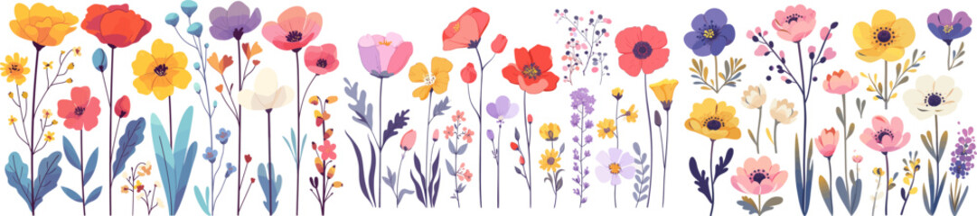 A vibrant panorama of stylized wildflowers and flora, artfully illustrated to bring a natural and artistic touch to any space. Modern flat vector illustrations isolated on white background - obrazy, fototapety, plakaty