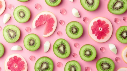 Fototapeta premium slices of kiwi, watermelon, and grapefruit arranged in a pattern on a pink background.