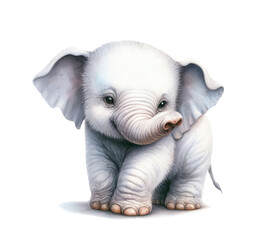 Gray baby elephant, watercolor cute illustration on white background