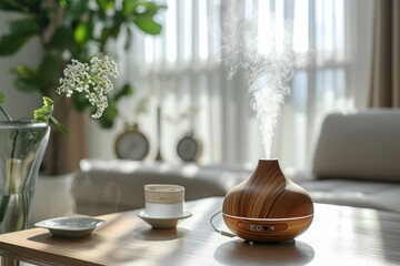 Fototapeta na wymiar Aromatherapy Diffuser in Minimalist Home Decor, Embracing Wellness and Self-Care with Gentle Steam in a Bright, Airy Room for Relaxation and Health, Wellness at Home Concept