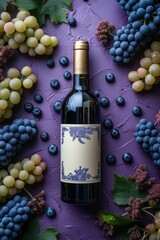 Wine Bottle with White Label Surrounded by Grapes on Purple Background