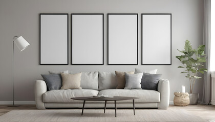 Fototapeta na wymiar Four-Mockup-frame-close-up-in-living-room-interior--3d-render
