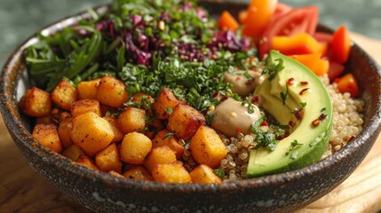 Naklejka na ściany i meble Healthy Buddha Bowl: A balanced and colorful Buddha bowl featuring quinoa, roasted vegetables, avocado, and a drizzle of tahini dressing.