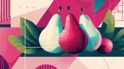 a couple of pears sitting next to each other on top of a pink and green background with geometric shapes.