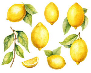 Painting of Lemons and Leaves on a White Background