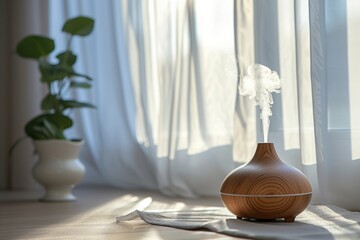 Aromatherapy Diffuser in Minimalist Home Decor, Embracing Wellness and Self-Care with Gentle Steam in a Bright, Airy Room for Relaxation and Health, Wellness at Home Concept