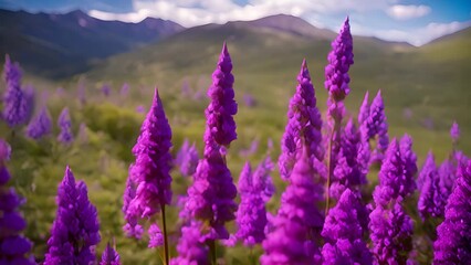 Beautiful field of purple and blue flowers with majestic mountains in background. Perfect for nature and landscape enthusiasts