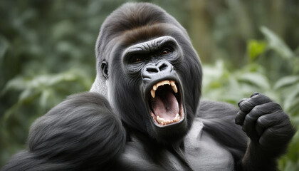 Photo of a gorilla getting angry and screaming, wild photography