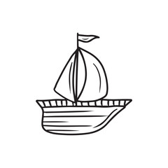 Ship, boat with sails in black isolated on white background. Concept of sailing, sea, ocean, wooden boat for travel. Hand drawn vector sketch doodle illustration in vintage engraved style. Sailor toy.
