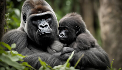 Photo of a gorilla with a baby, wild photography