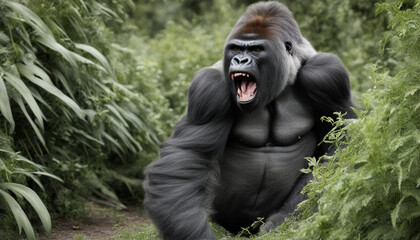 Photo of a gorilla getting angry and screaming, wild photography