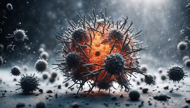 Apoptosis by Virus cell illustration. Virus, pathogen, bacteria, biotechnology, bacterium, biolaboratory, new X disease, brain illness concept. Microscopic SEM (TEM)view. Medical research technology.