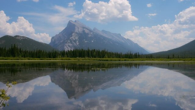 Mount Rundle reflecting in the water surface of Vermilion Lakes in Banff. 