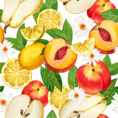 Watercolor seamless pattern. Ripe fruits: peaches, nectarines, pear halves, lemons, pieces of fruit, chamomile, leaves hand-painted in watercolors. For printing on fabric and paper, kitchens, dishes