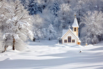 Fototapeta na wymiar Snowy Churches or Chapels. The Mystery of Winter and the Power of Faith Through Snow-Covered Churches.