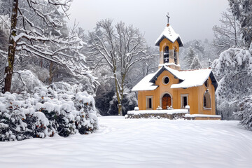 Fototapeta na wymiar Snowy Churches or Chapels. The Mystery of Winter and the Power of Faith Through Snow-Covered Churches.