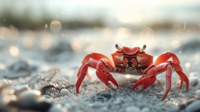 a close up of a crab on a beach with rocks and water in the background and a blurry image of the crab in the foreground.