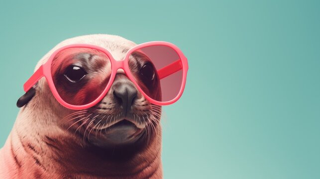Creative animal concept. Seal sealion in sunglass shade glasses isolated on solid pastel background, commercial, editorial advertisement, surreal surrealism