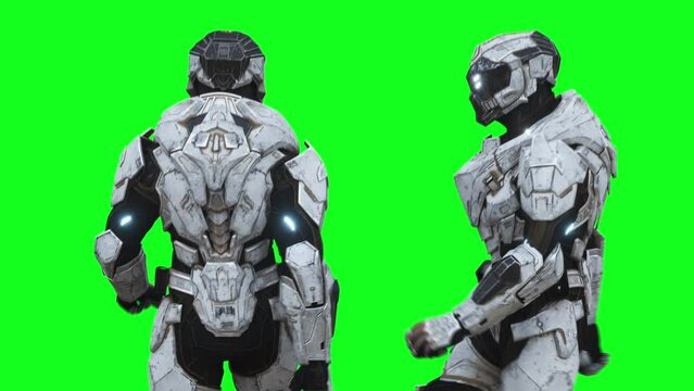 Military futuristic cyborg, robot. Realistic 4k green screen animation.