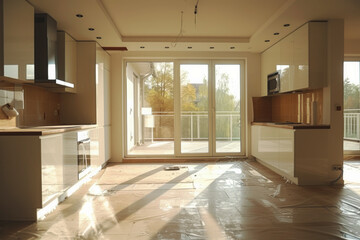 Sunlit Spacious Room with Balcony Access.
Empty interior bathed in sunlight