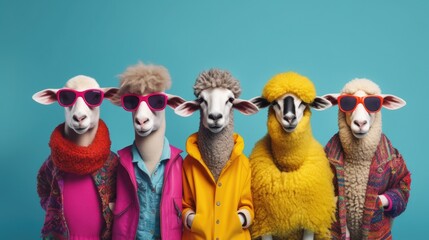 Creative animal concept. Sheep lamb in a group, vibrant bright fashionable outfits isolated on...