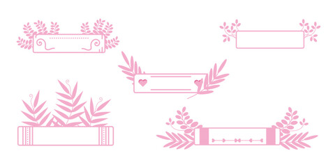 Set of pink cute horizontal frames with space for text. Empty ribbon with plants pink tape isolated. Laurel template collection. Hand-drawn doodle isolated vector art illustration