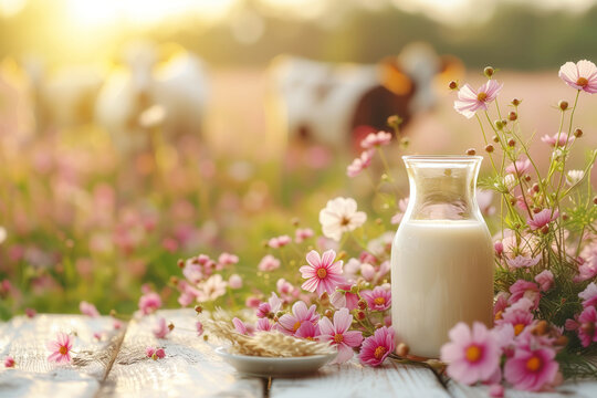 Milk bottle at wooden table top on background of pasture and cows herd with copy space. Ecological milk production.