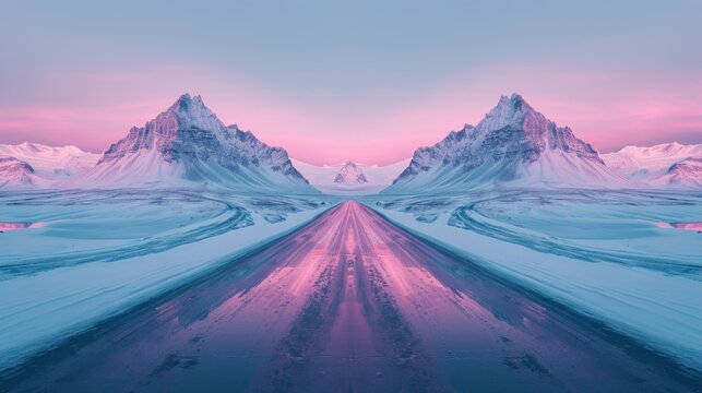 a pink and blue photo of a mountain range with a road in the foreground and a pink sky in the background.