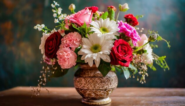Colorful flowers in decorative vase on table. Beautiful bouquet.