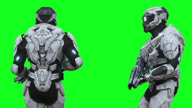 Military futuristic cyborg, robot. Realistic 4k green screen animation.
