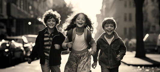 Three happy laughing children in their 10s walking, running next to each other on an urban street . Black and white image. The scene takes place in the morning.  - 737178458