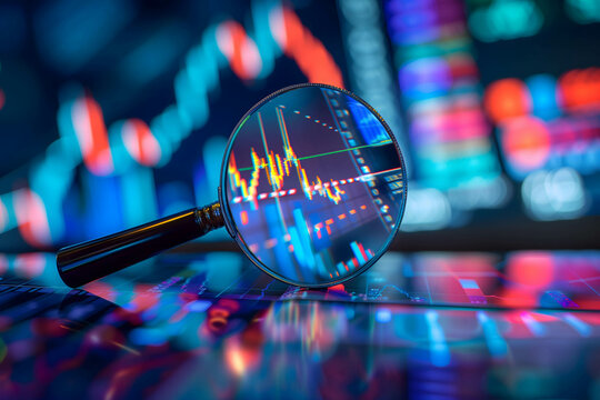 magnifying glass in stock market, analysis or research data and information to increase returns on investment